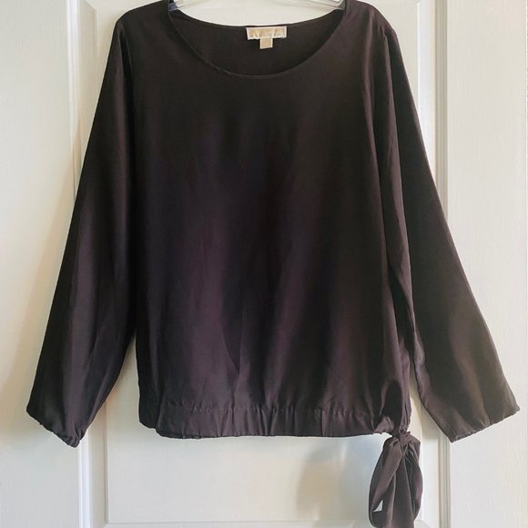 MICHAEL KORS | Women's Side Tie Long Sleeve Scoop Neck Top | Color: Brown - Picture 1 of 3